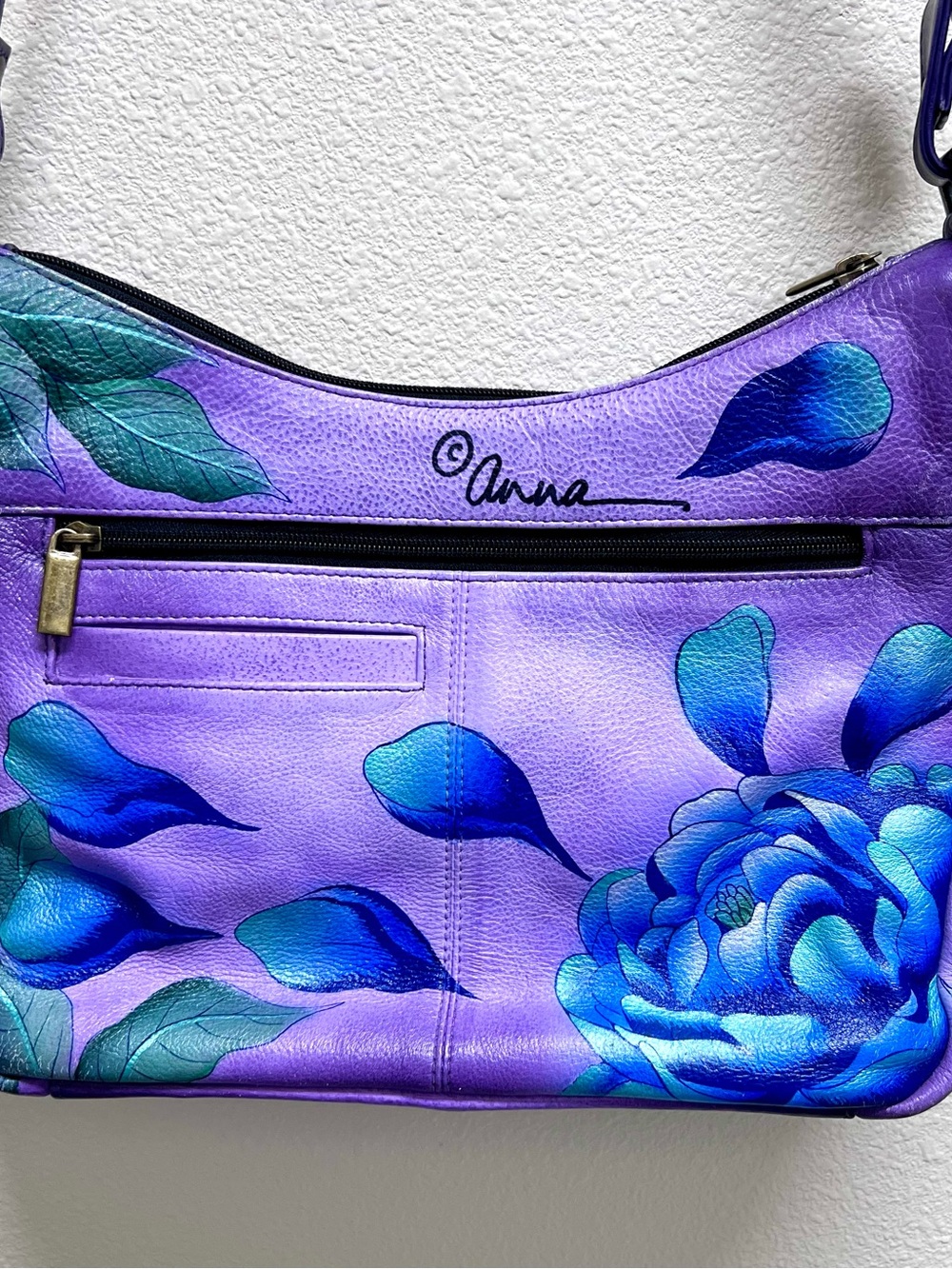 Anna by Anuschka “Precious Peony Eggplant” Hand Painted Leather Crossbody - Picture 8 of 13